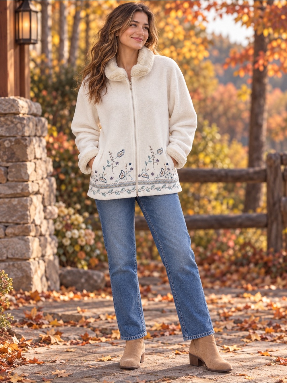 Teddi Ivory Embroidered Zip-Up Fleece Jacket medium